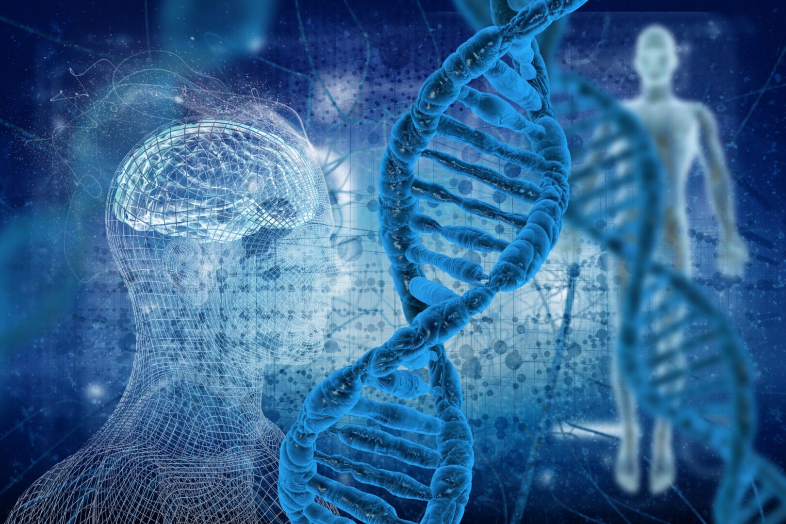 A blue dna strand with a brain and other human images in the background.