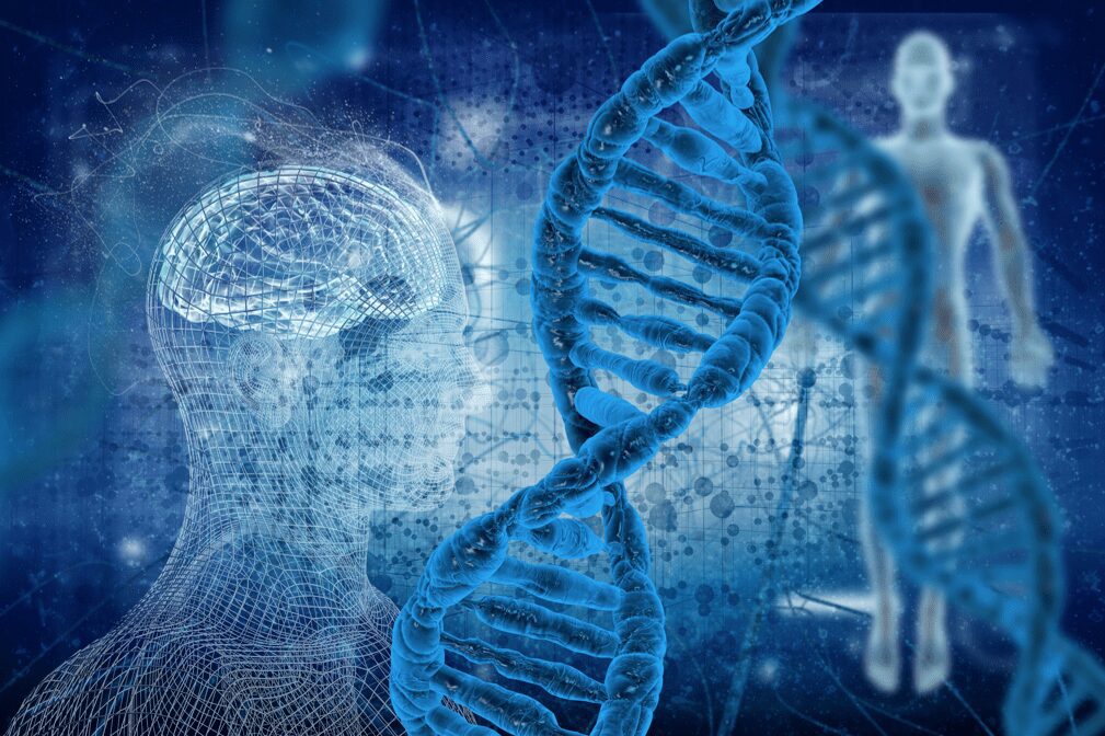 A blue background with dna and brain images.